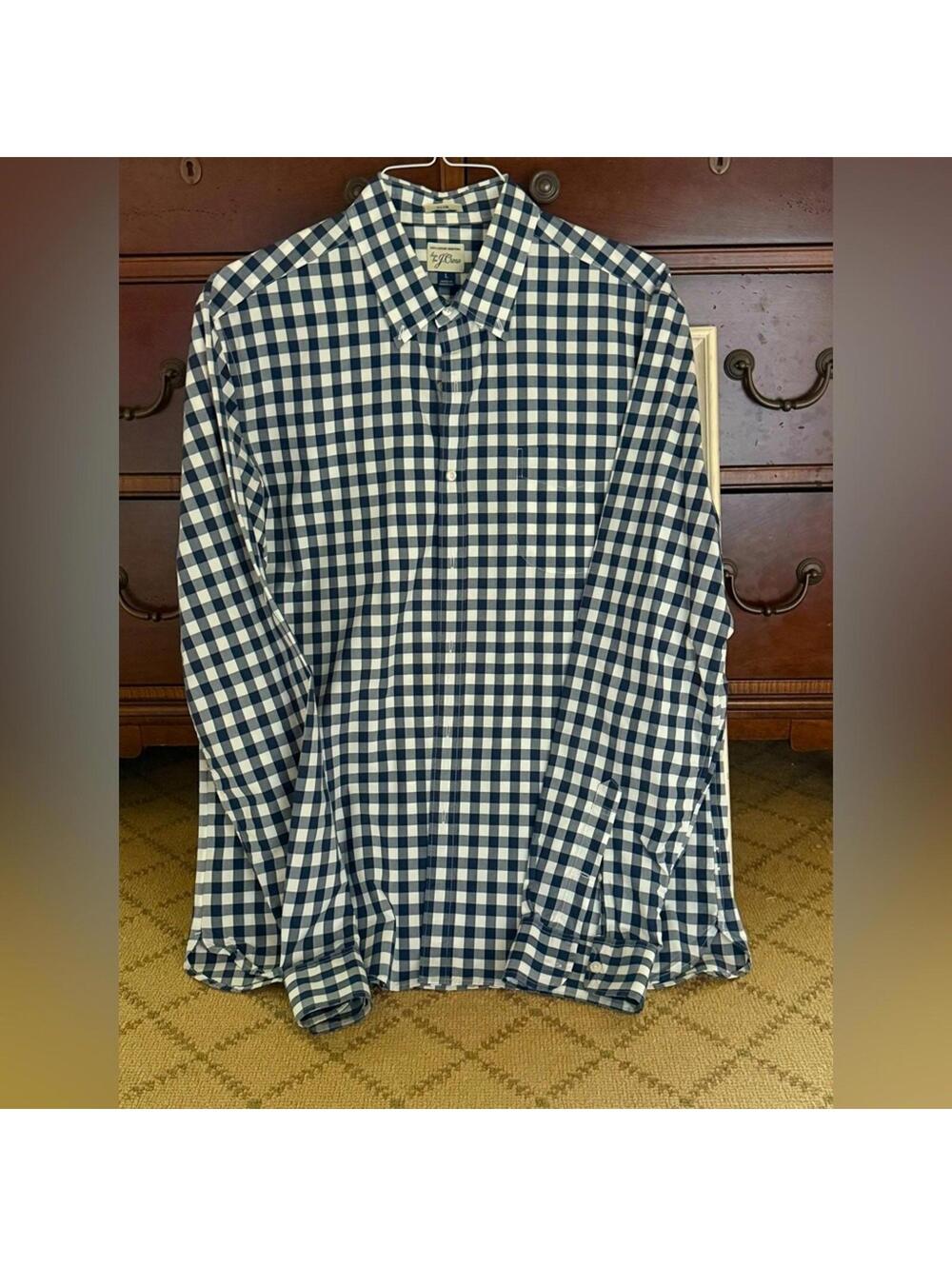 J. Crew Secret Wash Black and White gingham Plaid Shirt Slim L